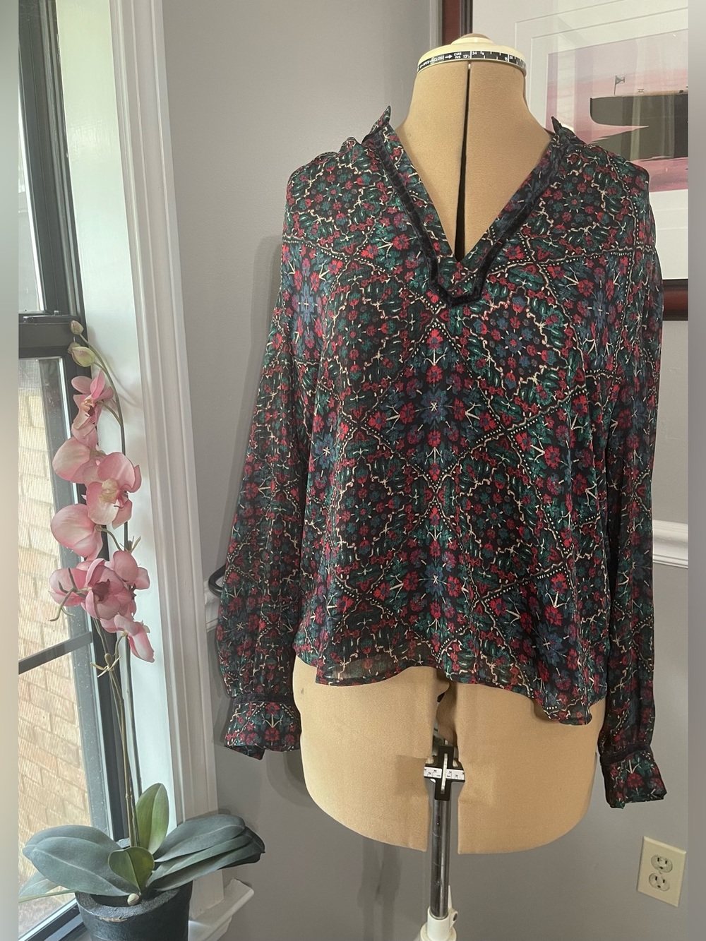 LOFT Black Floral V-Neck Long Sleeve Blouse